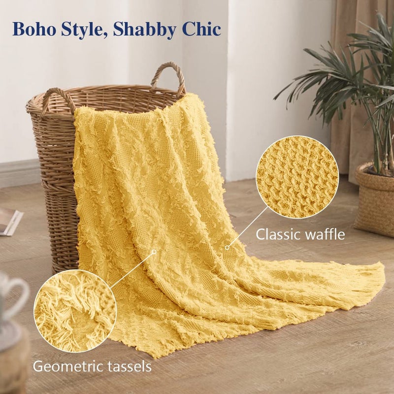Simple&Opulence 100% Cotton Throw Blanket for Bed, Couch, Boho Textured Geometric Knit Woven Blanket with Tassels Soft, Lightweight Breathable Shabby Chic Farmhouse Decoration for All-Season(Yellow) - Image 3